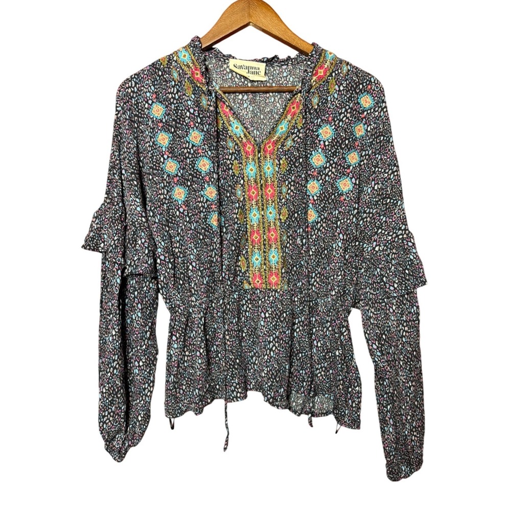 Savanna Jane Women Medium Embroidery Peplum Blue Peasant Blouse Penny Wise Clown
